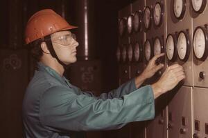 Industrial engineer operating control panel in factory setting photo