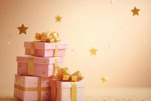 Pink gift boxes with golden ribbons and falling glitter stars create festive atmosphere photo