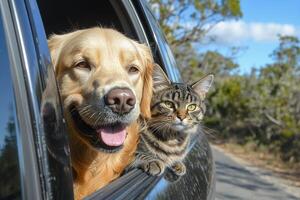 Golden retriever and tabby cat enjoying a car ride photo