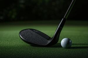 Black golf club resting on green near ball ready for swinging photo