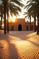 Sun shining through palm trees on desert fortress at sunset photo