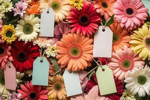 Colorful gerbera daisies with blank gift tags for a festive occasion photo