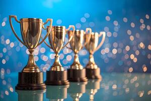 Shiny gold trophies on reflective surface with bokeh photo