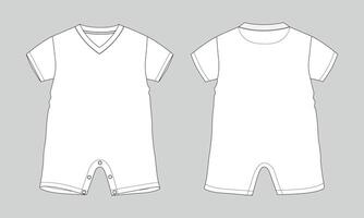 V neck bodysuit romper technical drawing fashion flat sketch template front and back vector