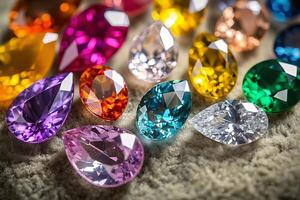 Collection of colorful precious gemstones sparkling on rough surface photo