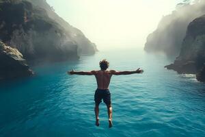 Man diving into ocean between cliffs with open arms photo