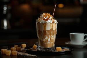 Iced coffee frappe topped with whipped cream and caramel in a cafe setting photo