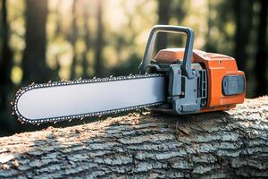Chainsaw resting on a log in a forest setting photo