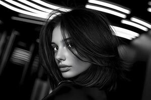Brunette model posing with city lights in background, black and white portrait photo
