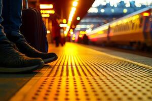 Traveler waiting for train at night on illuminated platform photo