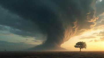 A tree is standing in the middle of a field with a large tornado coming down photo