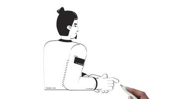 Smart home app for smartwatch hand drawn whiteboard sketch animation. Man interacting with wearable device on wrist, IoT remote control animated 2D outline character handdrawn 4K pencil drawing video