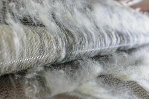 Carding machine processing raw wool fibers in a textile production environment. photo