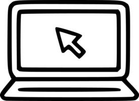 A black and white illustration of a laptop with a mouse pointing at it vector