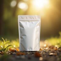 standing pouch mockup in plain white color with nature background. photo