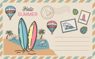 Hello summer, surf, wave, card, Postcard, mail, hand drawn illustrations. vector