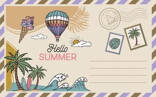 Hello summer, surf, wave, card, Postcard, mail, hand drawn illustrations vector