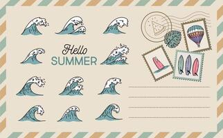 Hello summer, wave, card, Postcard, mail, hand drawn illustrations vector
