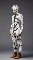 person in suit made of shattered mirror fragments stands against gray background photo