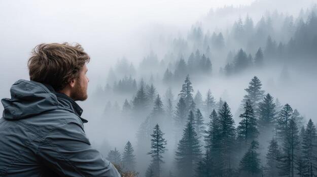 man gazes at misty pine forest, evoking sense of tranquility photo
