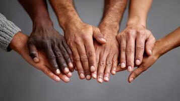 Diverse hands joined together in unity and support photo