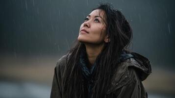 Wet woman looking up in rain, wearing jacket, serene expression photo