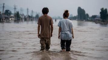 Two people wading through floodwaters on street, showing resilience photo
