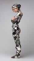 person wearing suit made of shattered mirror fragments stands against plain background photo