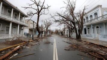 Torn up trees litter streets after hurricane, creating desolate scene photo