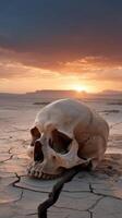 human skull shaped desert landscape at sunset creates eerie atmosphere photo