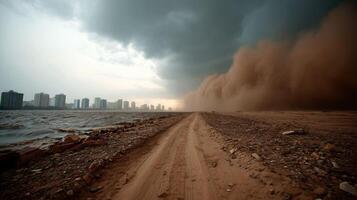 massive sandstorm approaches city skyline, creating dramatic scene photo