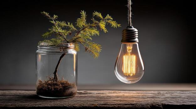 small plant grows in jar beside glowing light bulb, symbolizing resilience photo