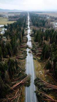 Fallen trees block long road after storm, creating dramatic scene photo