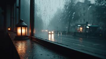 Rainy street view through window with glowing lantern photo