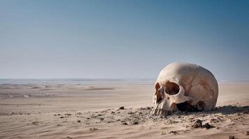 human skull rests on vast desert landscape under clear blue sky photo