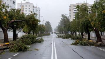 Fallen trees block city street after storm, creating scene of chaos photo
