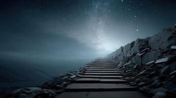 stairway made of books leads to stars under starry night sky photo