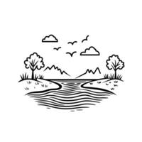 Black and white drawing of a river with mountains in the background vector