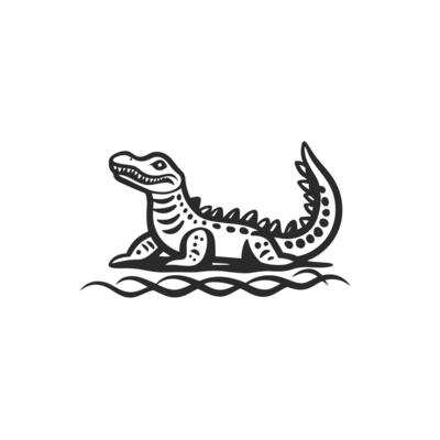 Black and white drawing of a crocodile laying on the water