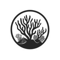 Black and white drawing of a tree with a bunch of plants around it. vector