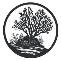 Black and white drawing of a tree with a bush in the background vector