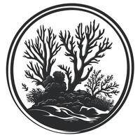 Black and white image of a tree with a circle around it vector