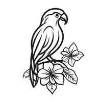 Black and white drawing of a parrot sitting on a branch with flowers vector