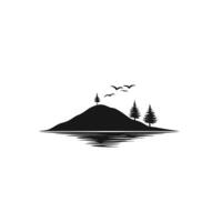 Black and white image of a mountain with a tree and a body of water vector