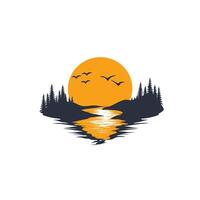 Serene landscape with a river and a sun in the background vector