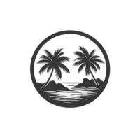 Black and white image of a palm tree with a body of water in the background vector