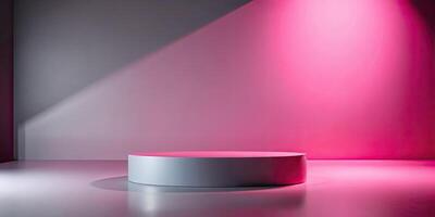 Minimalist podium bathed in pink and gray light. photo