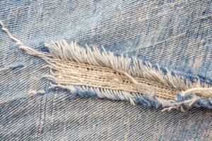 Frayed denim fabric with a single wheat stalk. photo