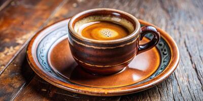 A steaming cup of espresso sits on a rustic wooden table. photo