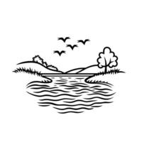 Black and white drawing of a lake with a tree in the background vector